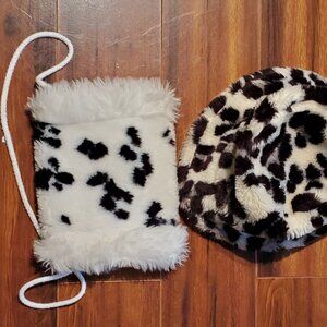 Hand Warmer Muff Faux Dalmation Fur Girls Plus Bonus Hat - Black White Spotted